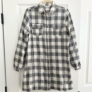 Grey White Buffalo Check Plaid Flannel Long Sleeve Button Down Shirt Dress